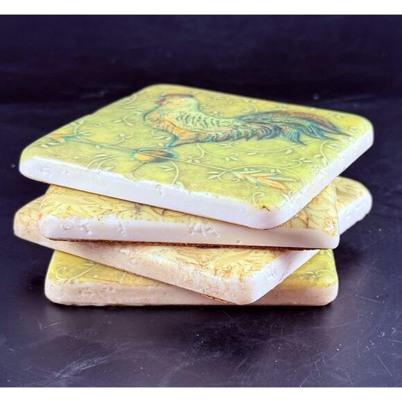 French Country Rooster Coasters Stone Set of 4 Cork Back Farmhouse Kitchen - Picture 3 of 8